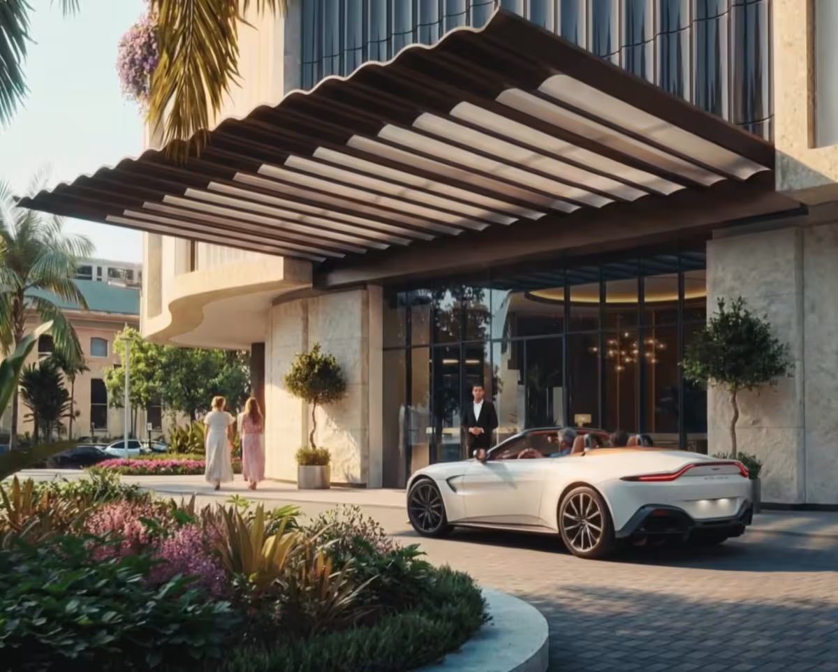 Residents arriving under the porte-cochère, greeted by a doorman