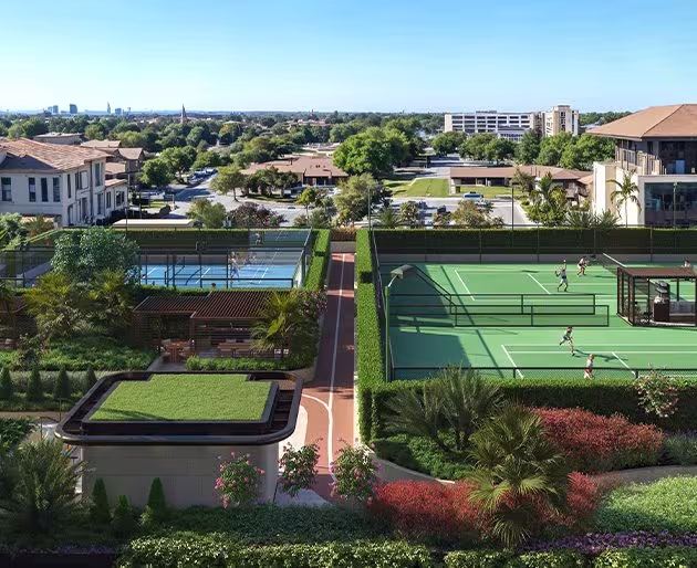 Racquet club courts with the city beyond