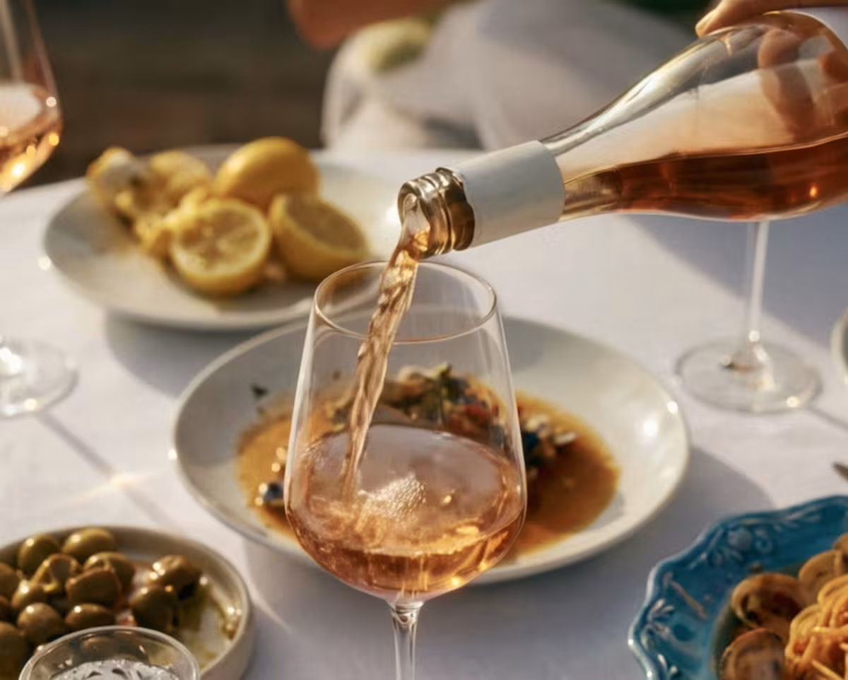 Rosé being poured at a waterfront lunch