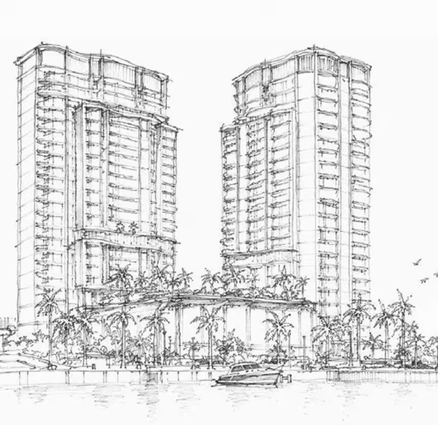 Pencil sketch of the two towers above the waterfront