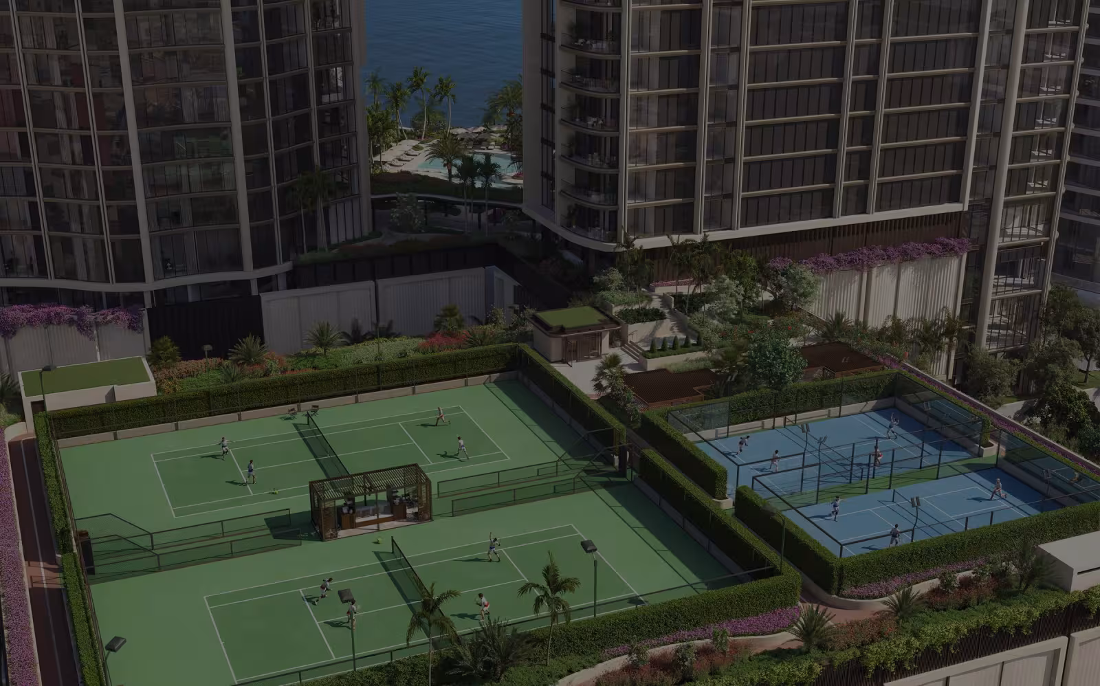 Rooftop tennis and pickleball courts between the towers