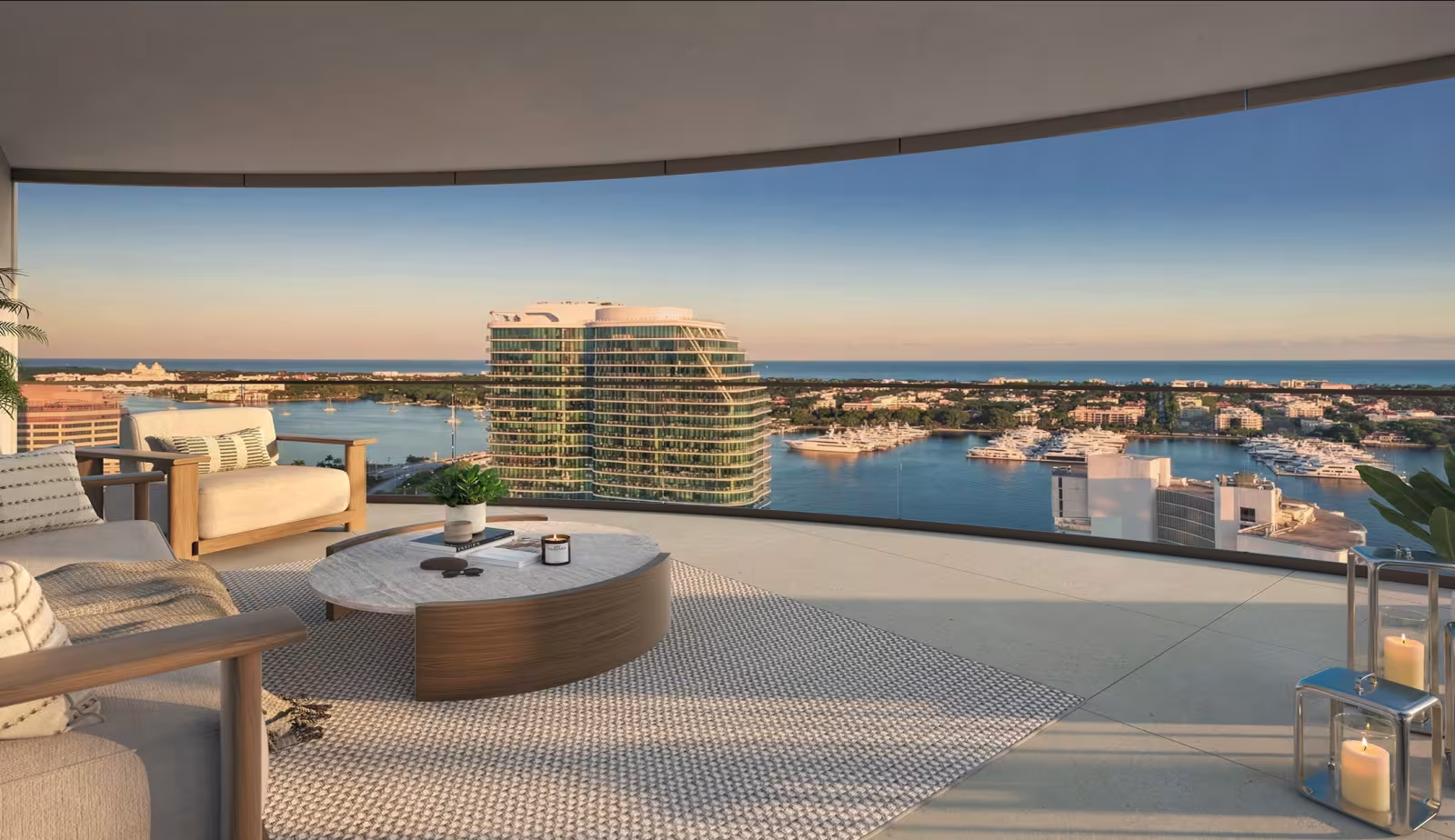 Curved terrace overlooking West Palm Beach at dusk